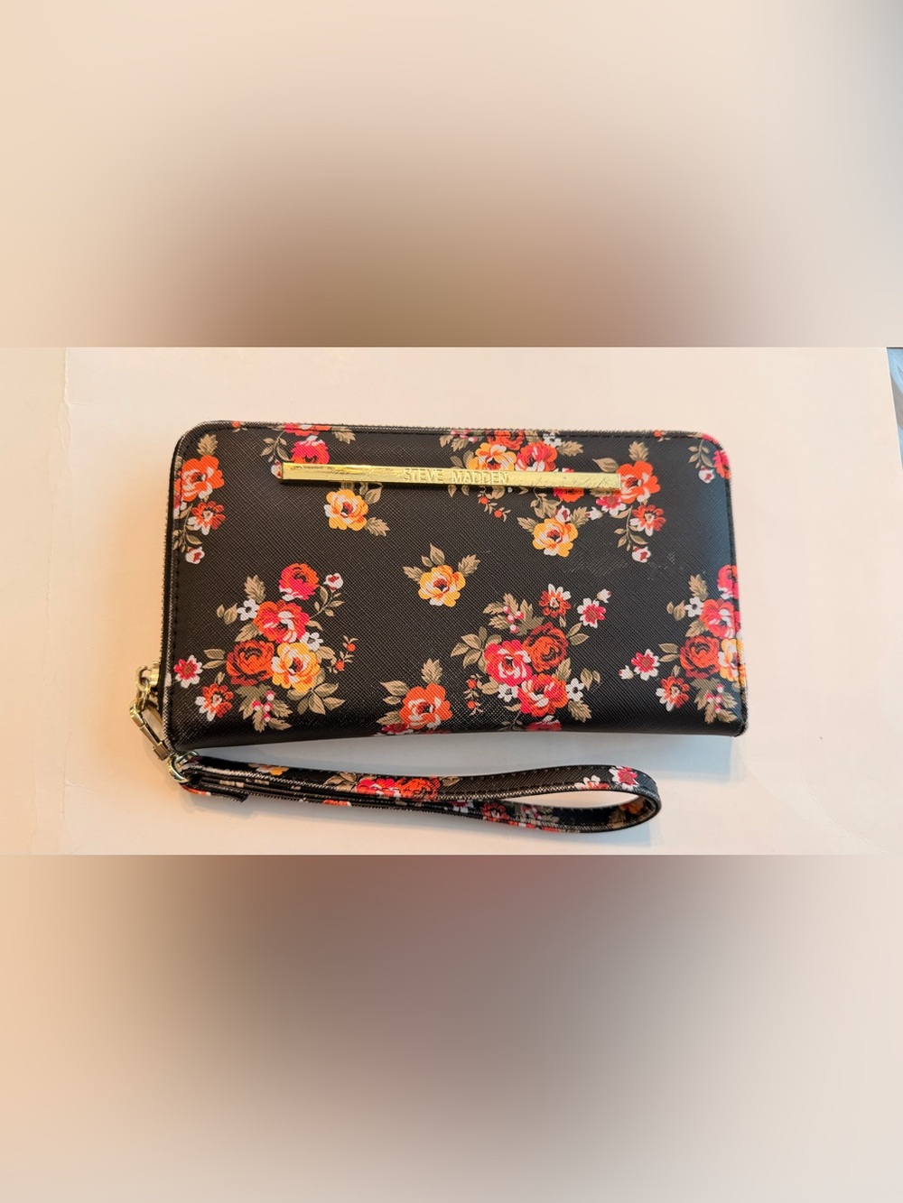 Steve Madden Black Floral Wristlet Clutch with Gold Accent
